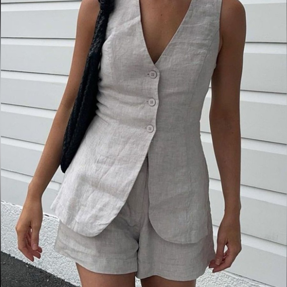 Women's Linen Vest and Shorts Set - light grey